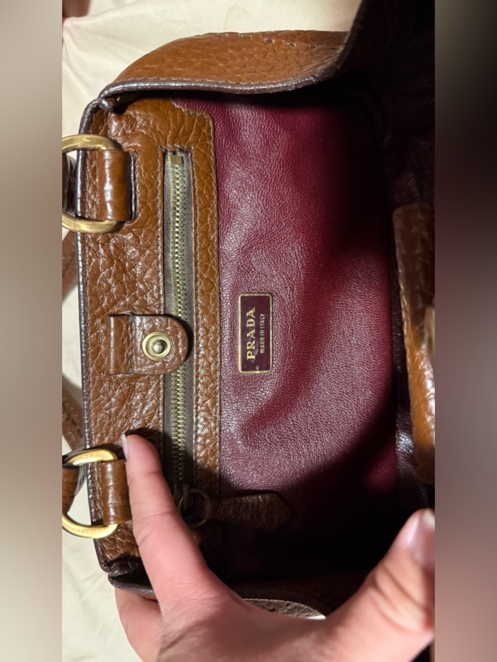 Prada Textured Brown Leather Double-Strap Shoulder Bag - Picture 3 of 7